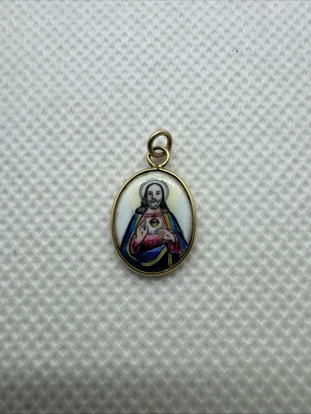Vintage Sacred Heart of Jesus Sagrado Corazon Medal 14k Gold Pendant Enamel